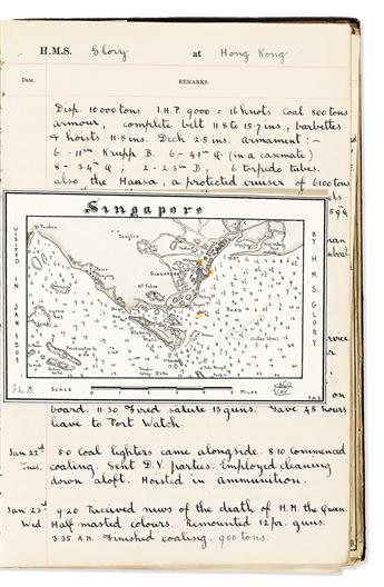 (ILLUSTRATED SHIP'S LOG -- HONG KONG and SINGAPORE.) F.A. Somerville. Journal of H.M.S. Glory from Nov. 1900 to April 1902.